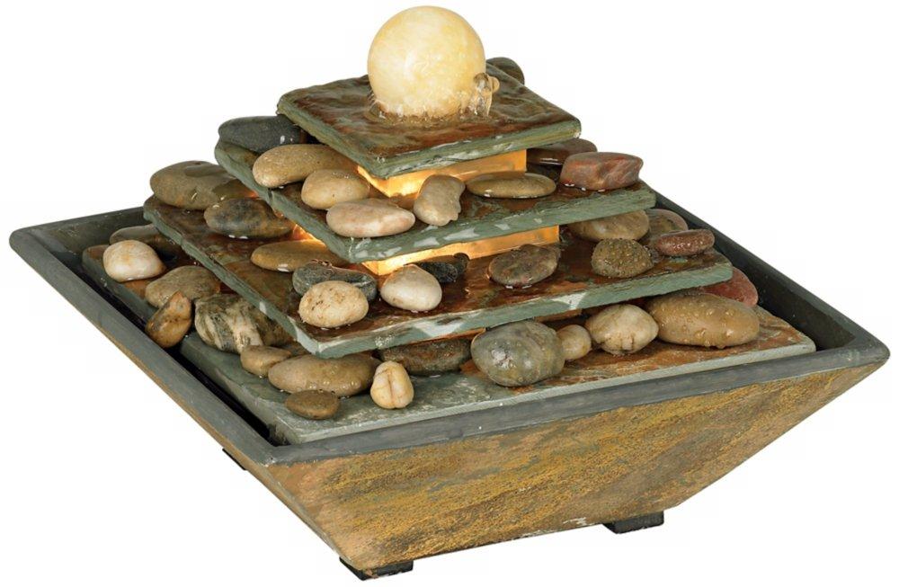 John Timberland Four Tiers Rustic 4 Tier Slate Stone Indoor Tabletop Water Fountain with LED Light 9" for Table Office Desk Home Bedroom Living Room