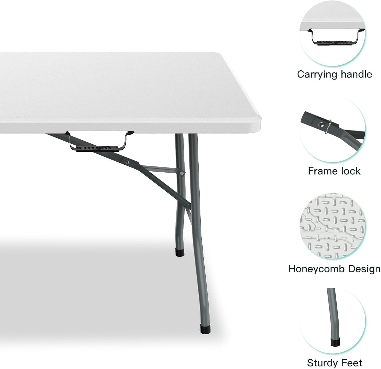 6 Foot Folding Table,White Plastic Folding Table,Built-in Handle,White