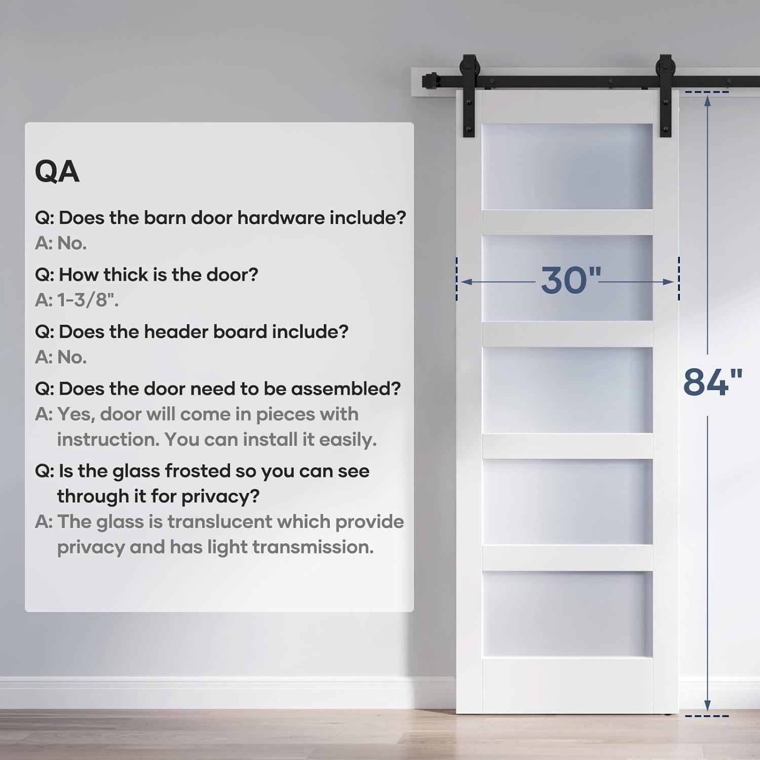 30'' x 84'' White Frosted Glass Barn Door Slab