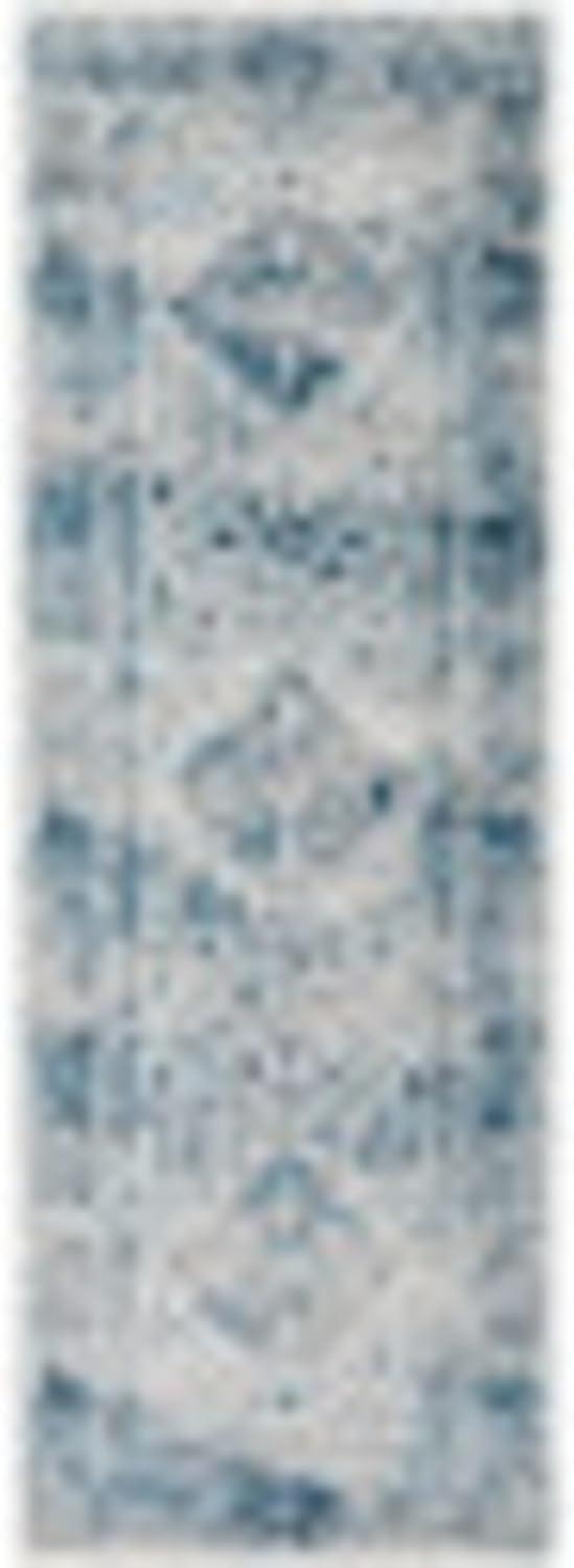 Blue and White Synthetic Vintage Runner Rug, 2'7" x 7'3"