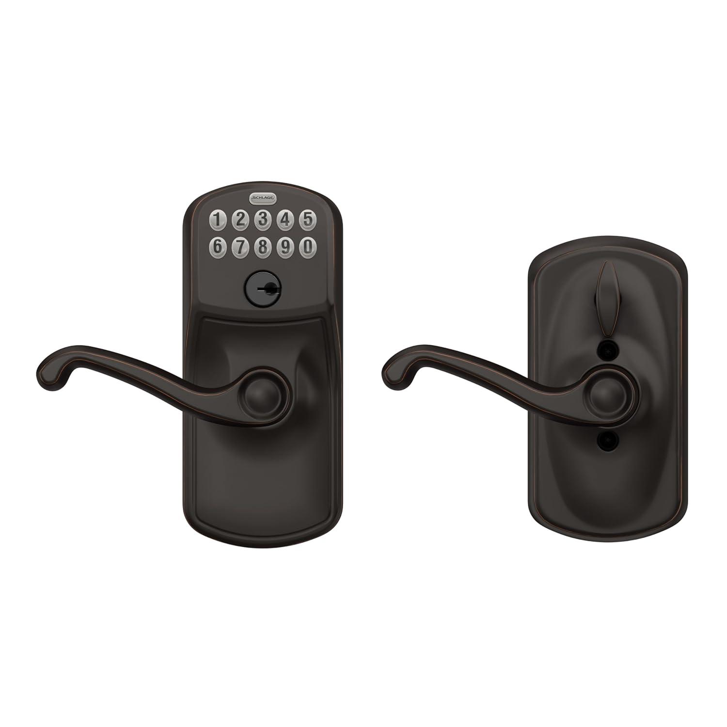 SCHLAGE FE595 PLY 716 FLA Plymouth Keypad Entry with Flex-Lock and Flair Style Levers, Aged Bronze