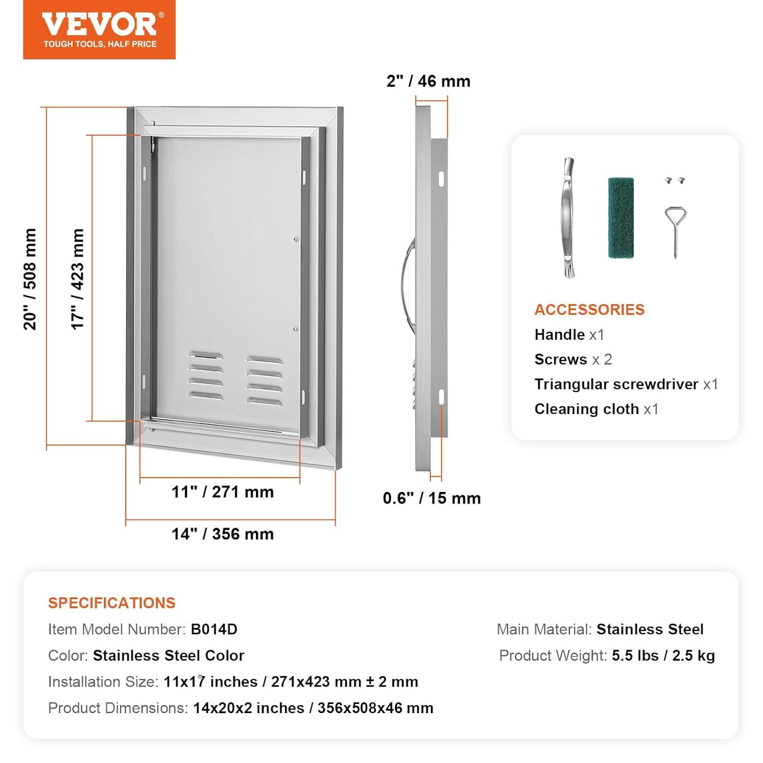 VEVOR Outdoor BBQ Kitchen Door - 14W x 20H Inch Stainless Steel Flush Mount Vertical Wall Door with Handle for Island, Grilling Station