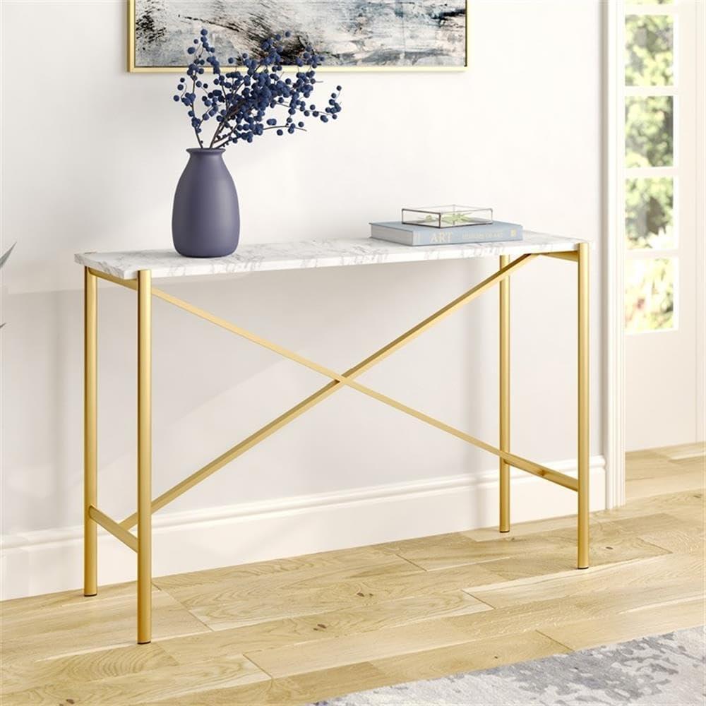 Evelyn&Zoe Braxton 46" Wide Rectangular Console Table with Faux Marble Top, Gold