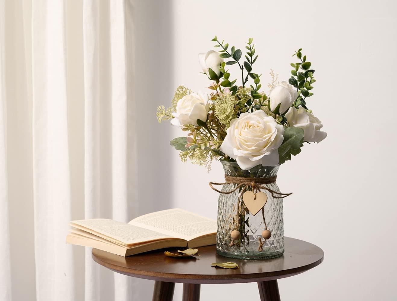 White Silk Roses and Eucalyptus in Glass Vase Centerpiece