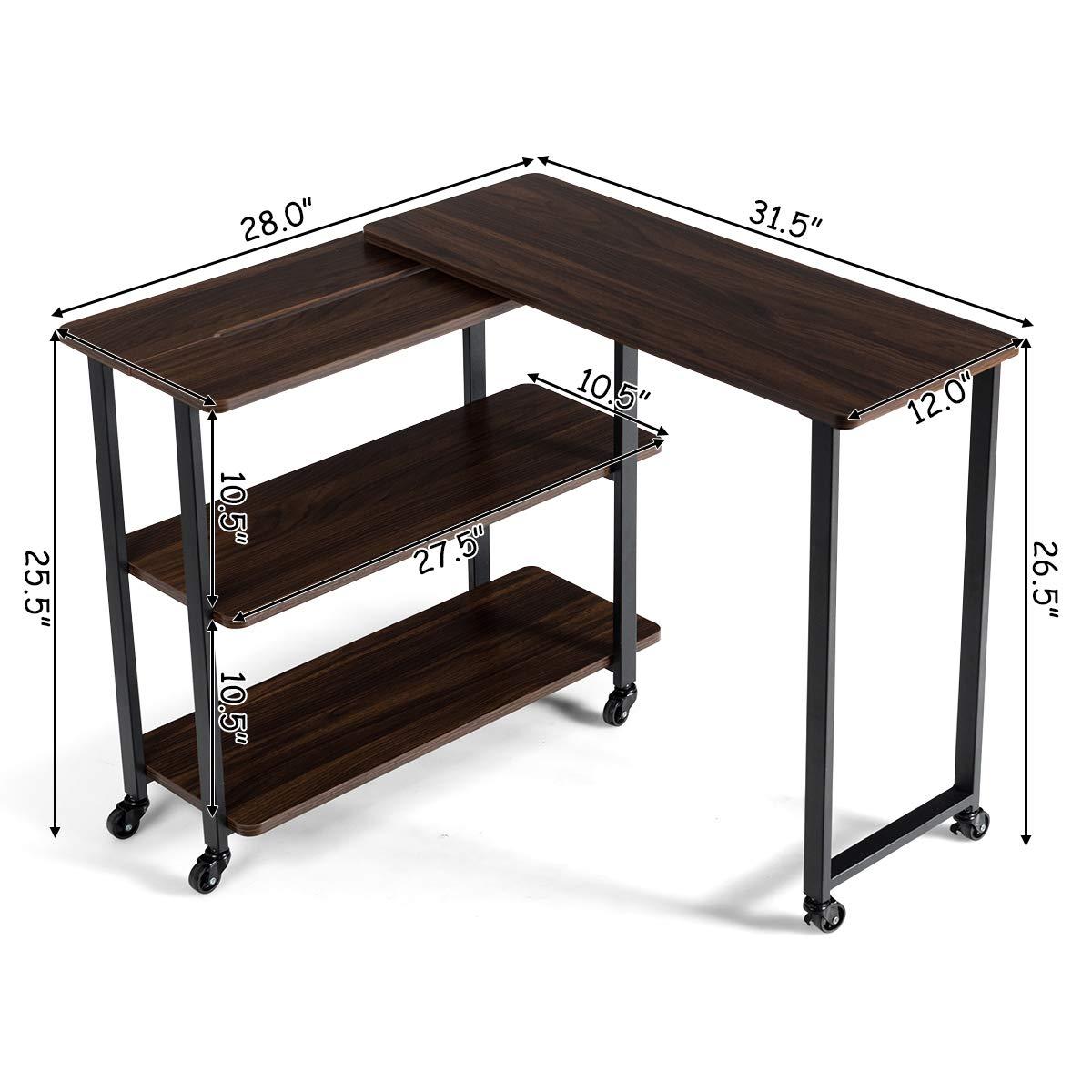 KOTEK 360 ° Rotating Sofa Side Table, Patented L-Shaped Corner Desk with 2-Tier Storage Shelf, Mobile End Table Movable Laptop Table with Casters, for Home Office (Walnut)