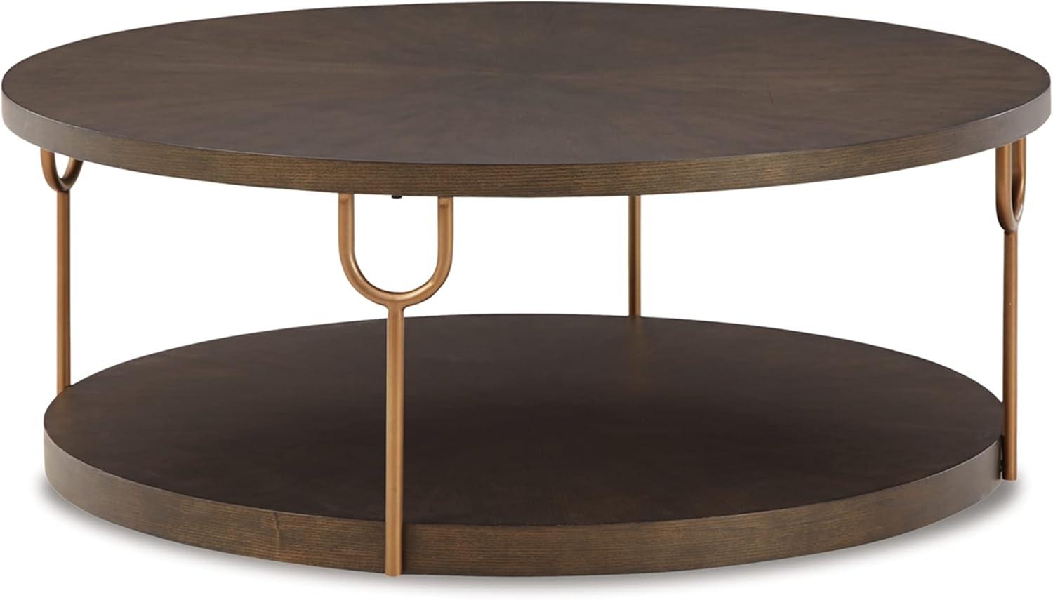 Round Espresso Brown Wood and Gold Metal Coffee Table