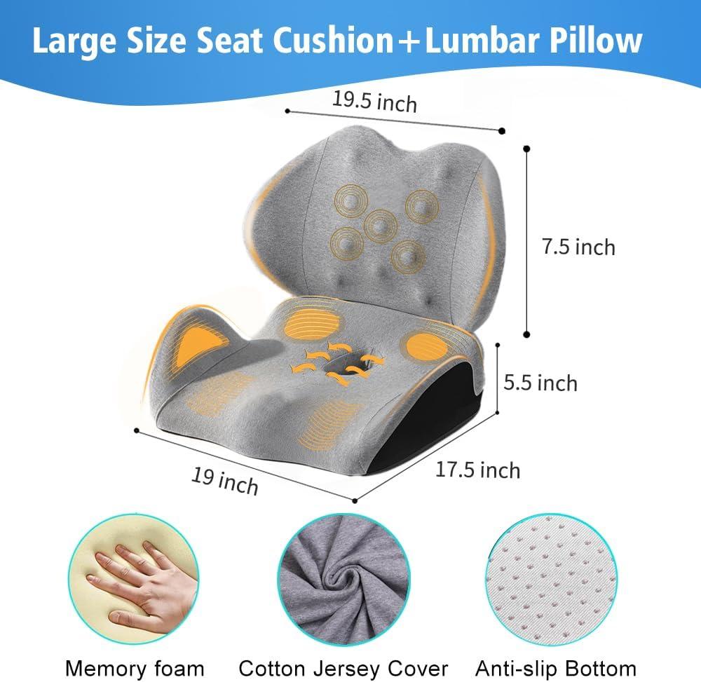 X Large Memory Foam Seat Cushion Lumbar Support Pillow for Sciatica & Tailbone Pressure Relief Coccyx Pad for Office Chair, Car,Wheelchair,Home,Office