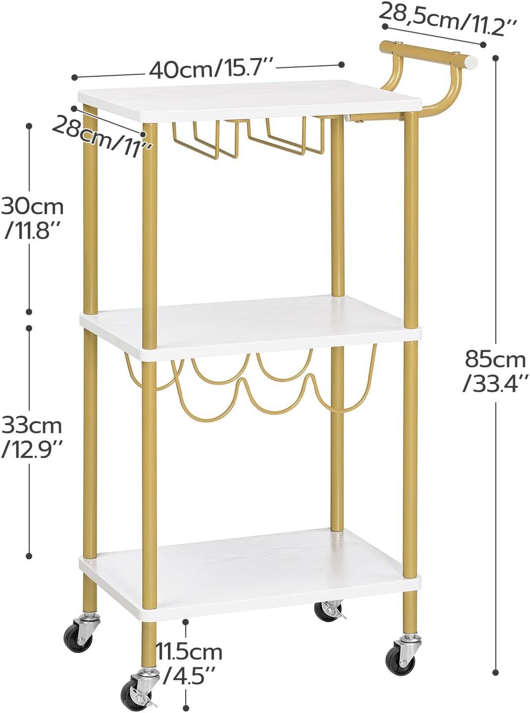 Gold and White 3-Tier Metal Bar Cart with Wine Rack