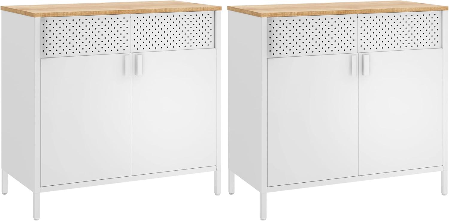 Natural and White Metal Storage Cabinet with Adjustable Shelf