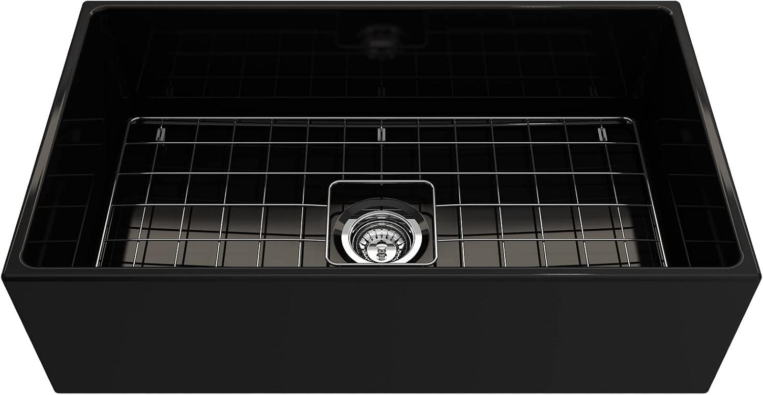 BOCCHI Contempo Farmhouse Apron Front Fireclay 33 in. Single Bowl Kitchen Sink with Protective Bottom Grid and Strainer in Matte Gray