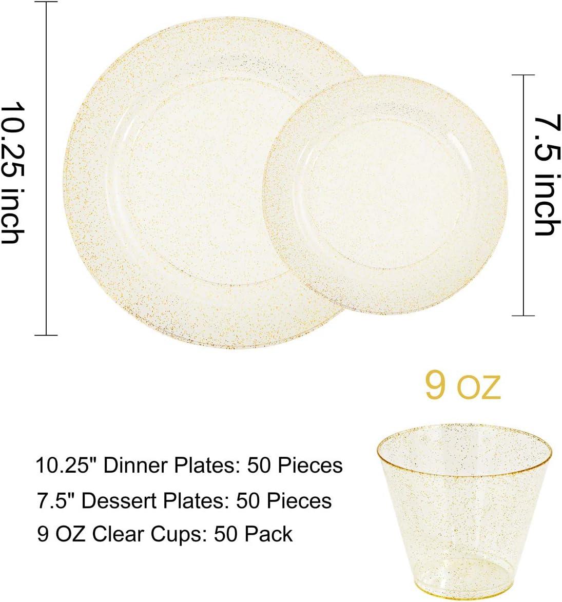 MODERN WALLS LLC 350 Pieces Gold Glitter Dinnerware Set 50 Guest For Party- 50 Dinner Plates, 50 Dessert Plates -50 Per Rolled Napkins With Gold Cutlery - 50 Disposable Cups 9 OZ