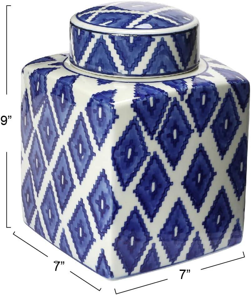 Creative Co-Op Decorative Diamond Square Ceramic Ginger Jar with Lid, Blue and White