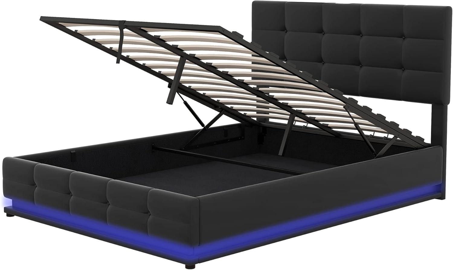 Black Faux Leather Full Bed with LED Lights and Storage