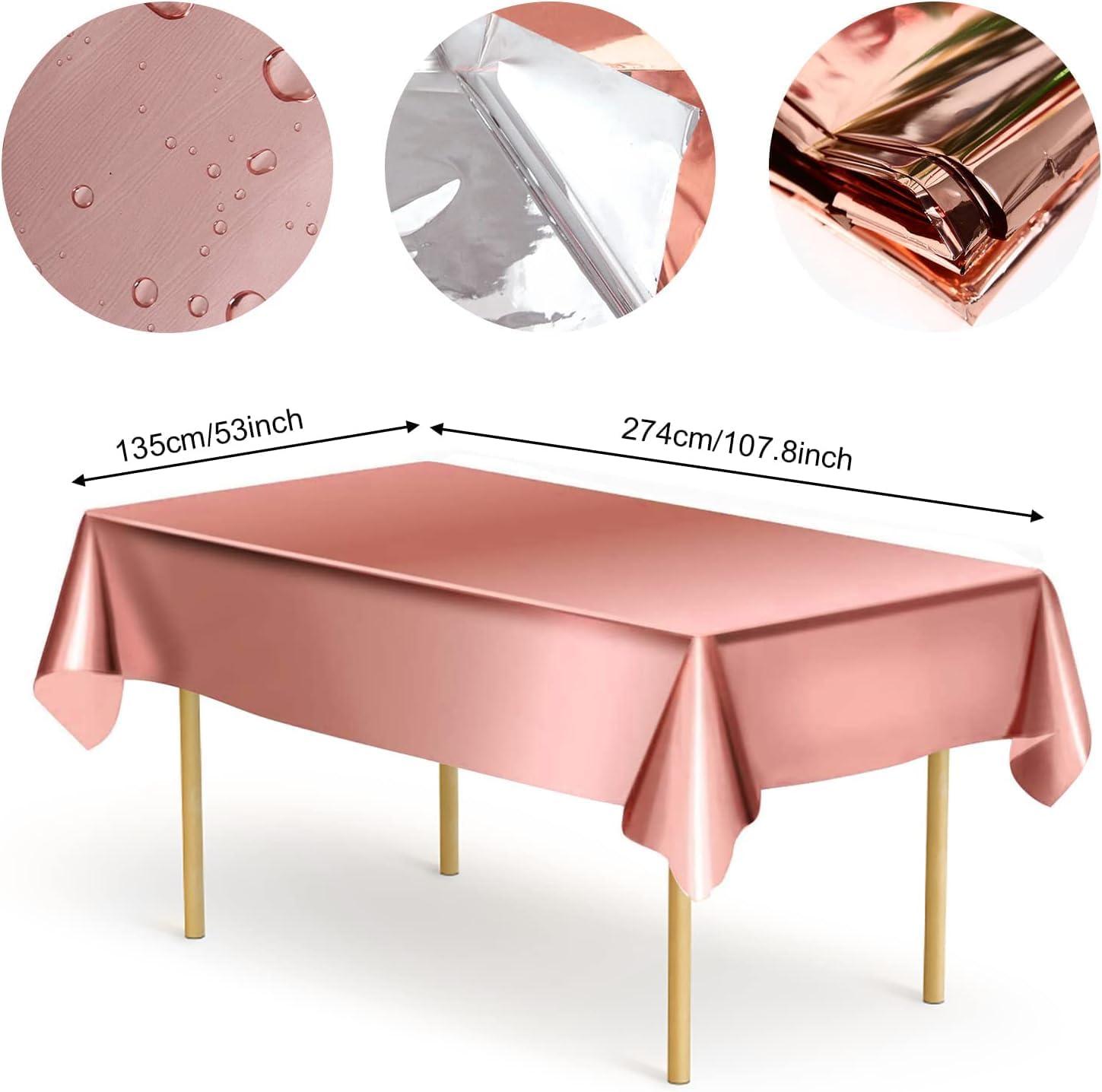 Sparkle and Bash 3 Pack Rose Gold Plastic Tablecloth, Metallic Table Cover Disposable for Pink Birthday Parties, Bridal Shower Decor, 54 x 108 In