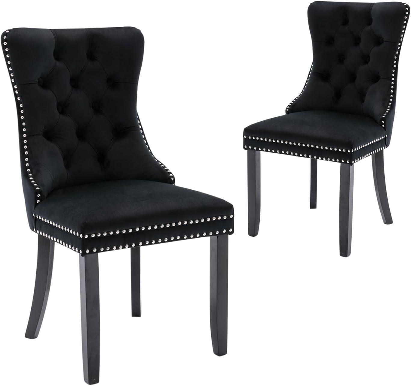 ODUSE-DAILY Black Velvet Dining Chairs Set of 2, Kitchen & Dining Room Chairs, Sillas De Comedor, Nailheads Tufted, Velvet Upholstered, Solid Wood (Black, 2 Pcs)