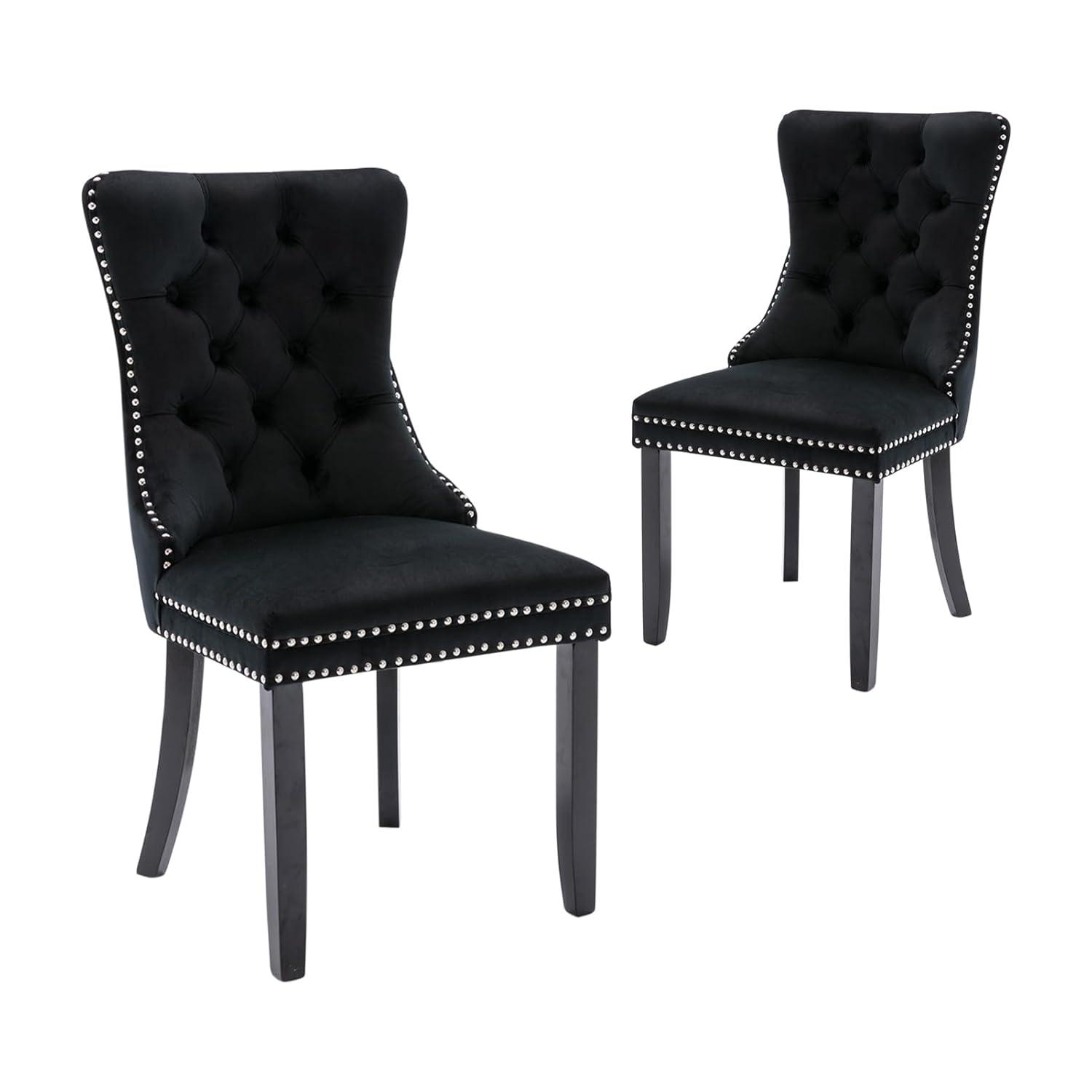 ODUSE-DAILY Black Velvet Dining Chairs Set of 2, Kitchen & Dining Room Chairs, Sillas De Comedor, Nailheads Tufted, Velvet Upholstered, Solid Wood (Black, 2 Pcs)