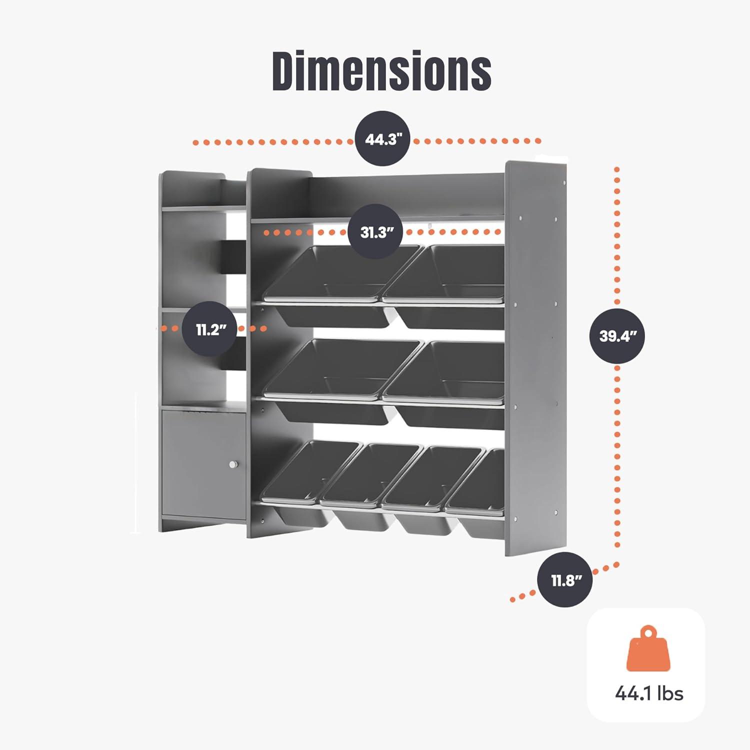 Gray Kids Toy Storage Organizer with Bookshelf and Bins