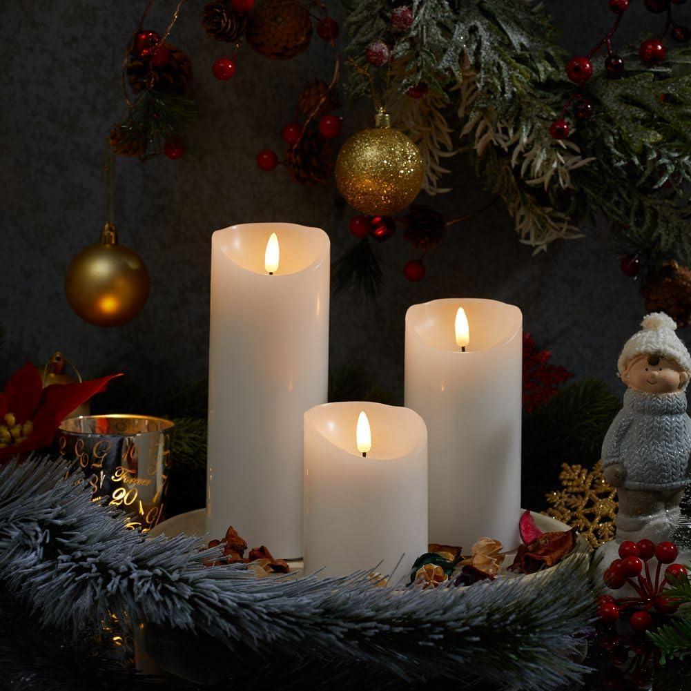 Gzxs Flameless LED Candles Set of 3, Realistic Pillar Candles with Remote and Timer, Battery Operated Candles for Room Fall Decor Wedding Christmas Decorations (White)