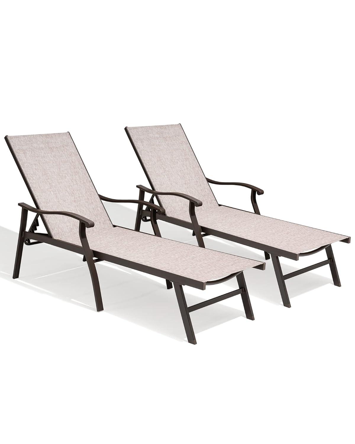 Beige Aluminum Outdoor Chaise Lounge with Armrests, Set of 2
