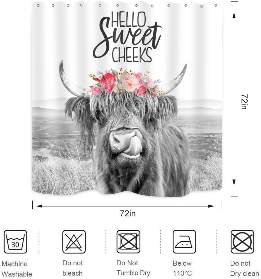 Farmhouse Highland Cow Shower Curtain Wildlife Bull Cattle Western Farm Grassland Vintage Rustic Animal Country Home Bathroom Decor Waterproof Fabric 72Lx72W Inch with Plastic 12PCS Hooks