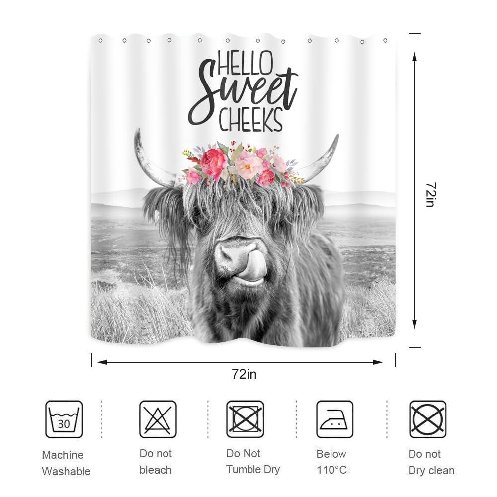 Farmhouse Highland Cow Shower Curtain Wildlife Bull Cattle Western Farm Grassland Vintage Rustic Animal Country Home Bathroom Decor Waterproof Fabric 72Lx72W Inch with Plastic 12PCS Hooks