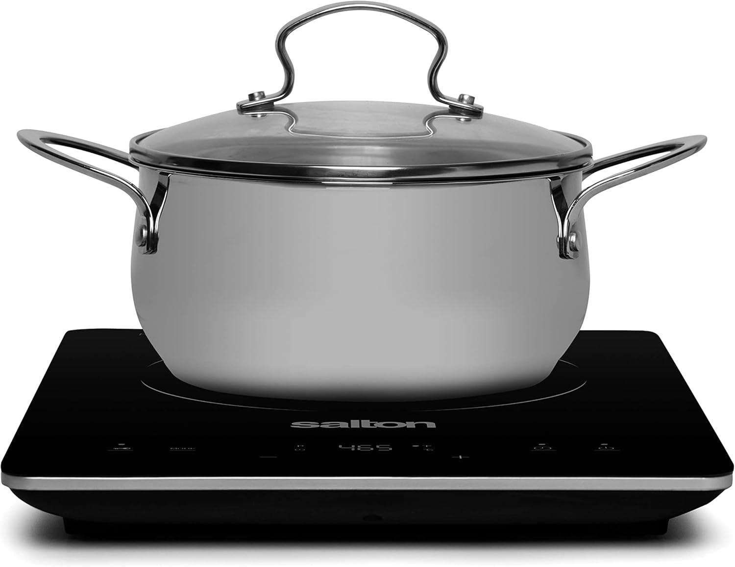 Salton Portable Induction Cooktop Cool Touch LED Display Cooker with 8 Temperature Settings for Precise Control, Energy Efficient Green Cooking with