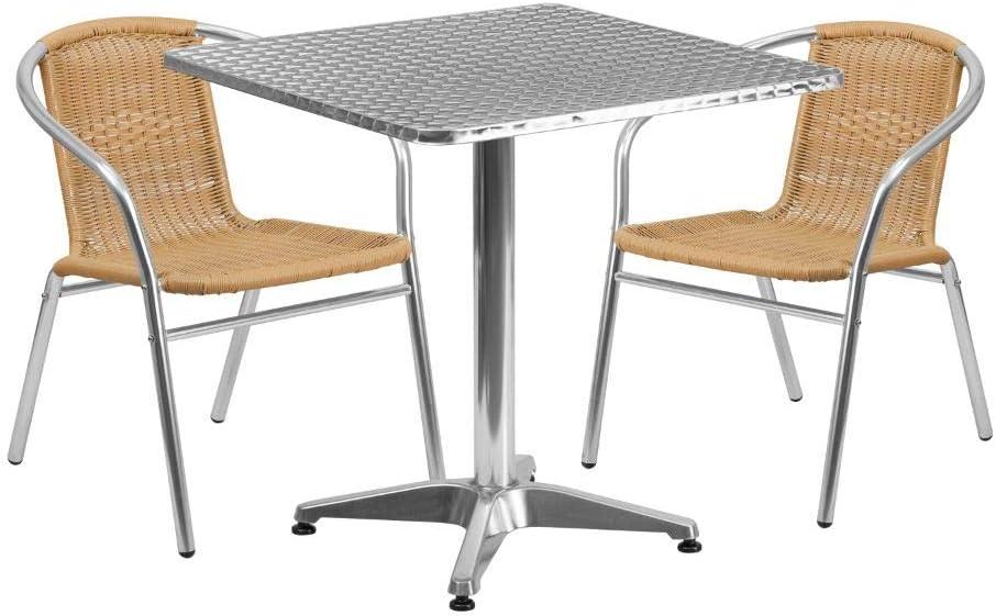 Flash Furniture Lila 27.5'' Square Aluminum Indoor-Outdoor Table Set with 2 Beige Rattan Chairs