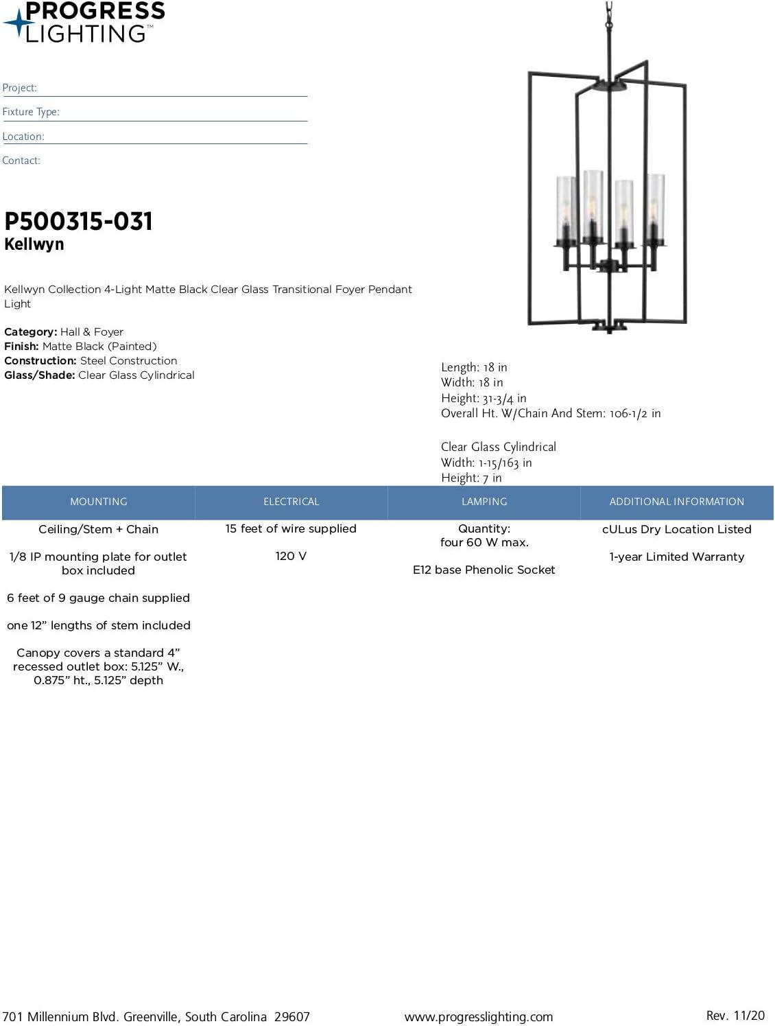 Progress Lighting Kellwyn 4-Light Foyer Pendant, Brushed Nickel, Clear Glass