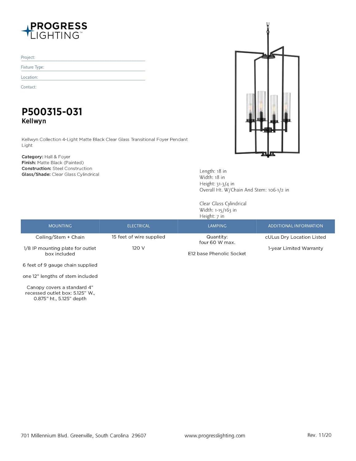 Progress Lighting Kellwyn 4-Light Foyer Pendant, Brushed Nickel, Clear Glass