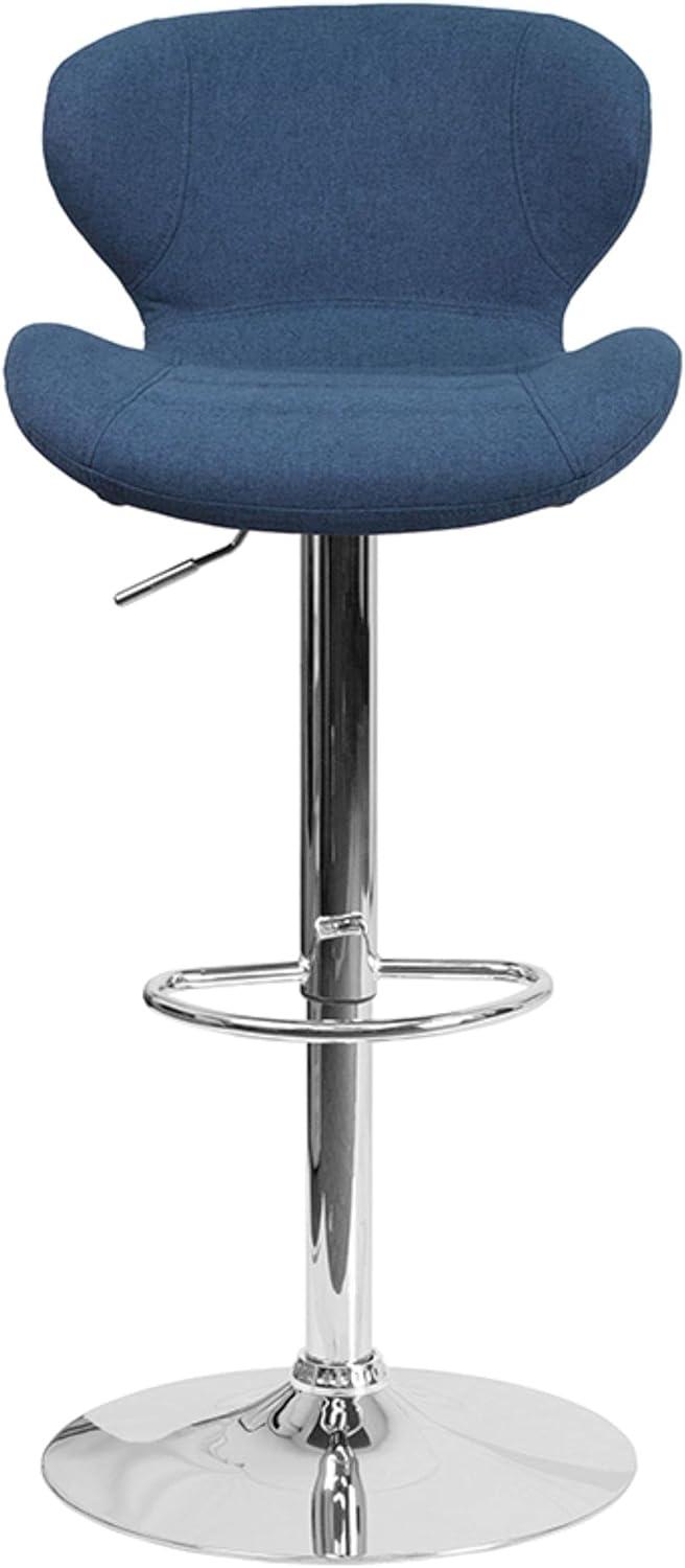 Curvaceous Blue Fabric and Chrome Adjustable Swivel Barstool