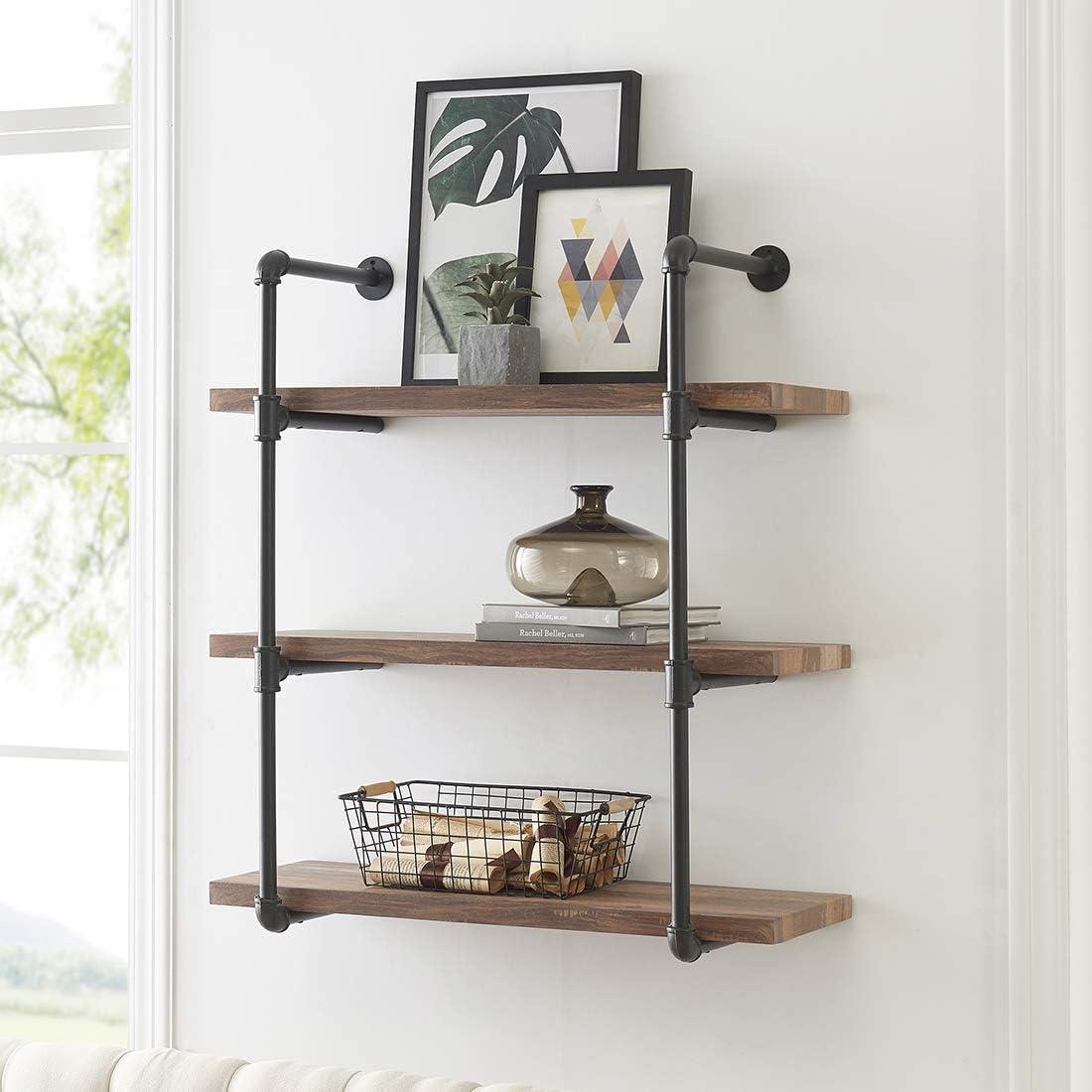 Danya B. 35" x 31.5" Three Tier Industrial Pipe Wall Shelf Natural: Laminated, Metal Frame, 90lb Capacity