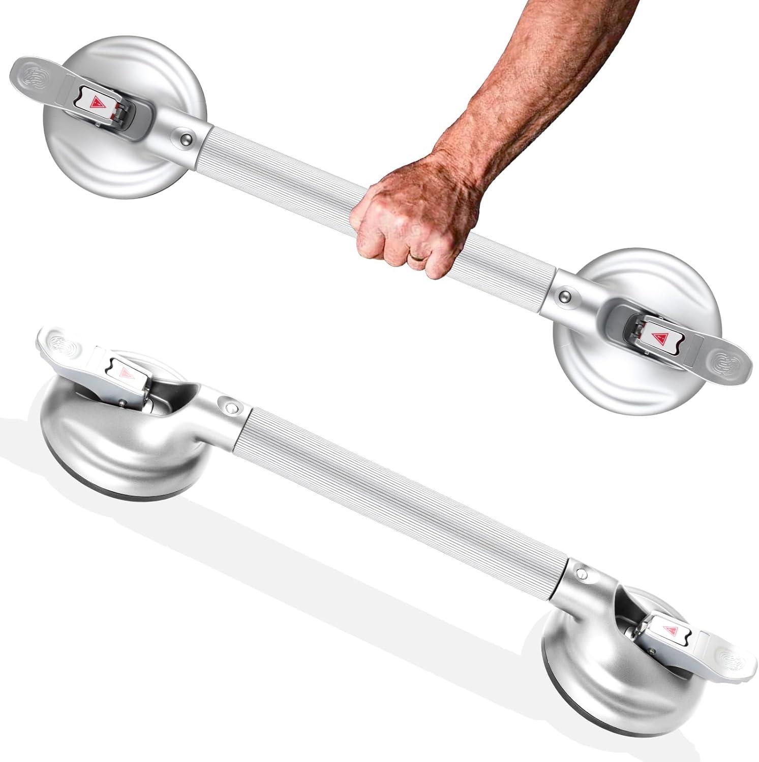 19-Inch Shower Handle - Upgraded Grab Bar with Strong Suction Cups for Bathtub & Shower Safety, Ideal for Seniors, Elderly, Disabled，Silver