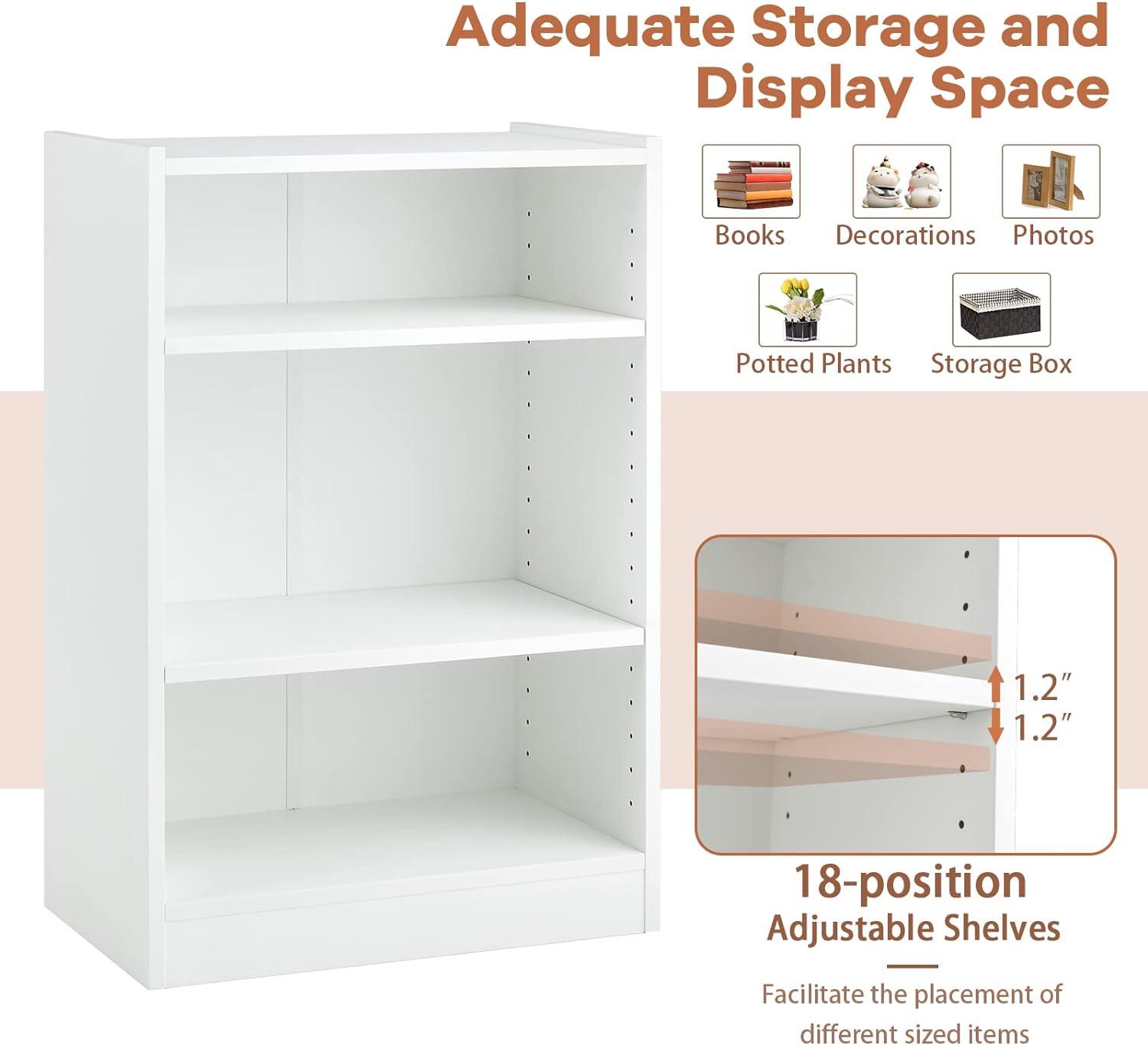 White 3-Tier Adjustable MDF Bookcase with Anti-Toppling Device