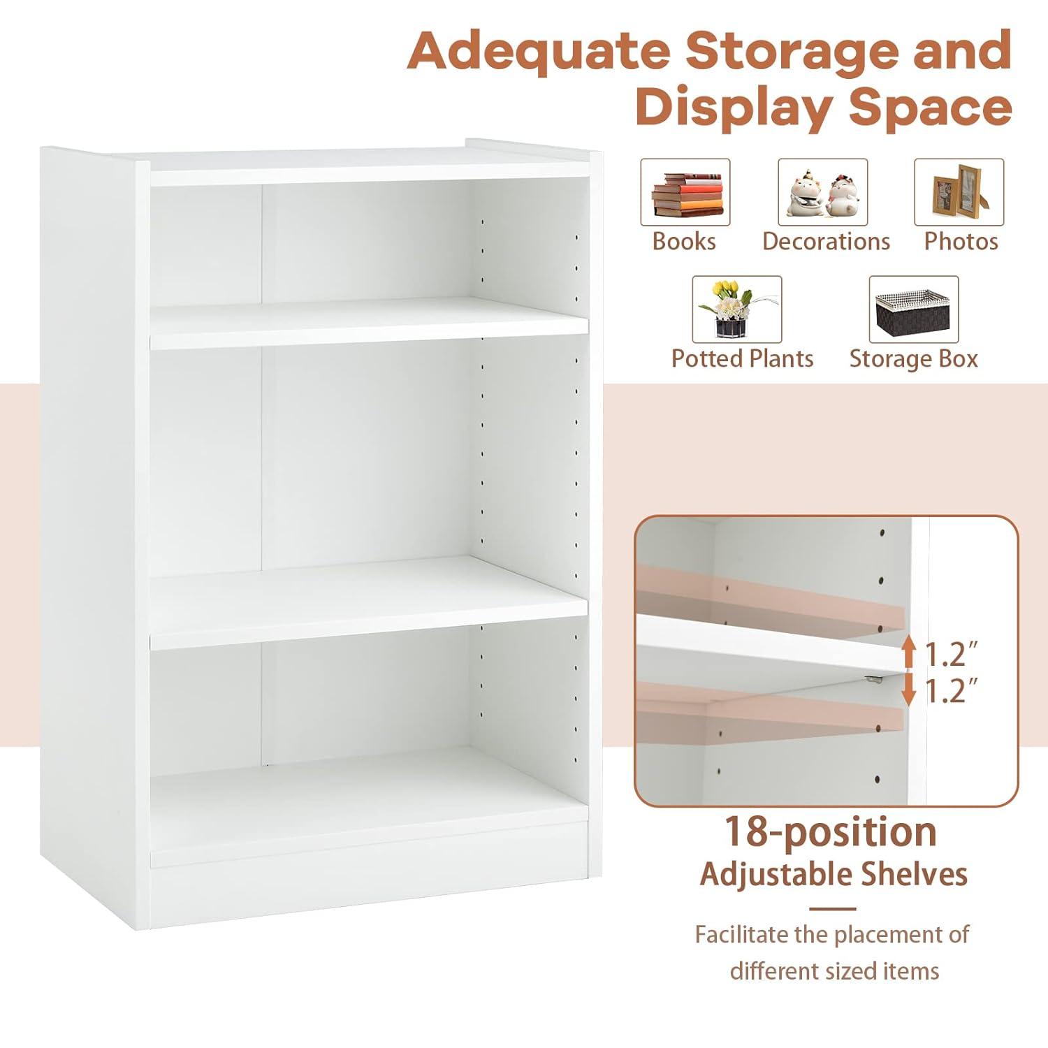 White 3-Tier Adjustable MDF Bookcase with Anti-Toppling Device