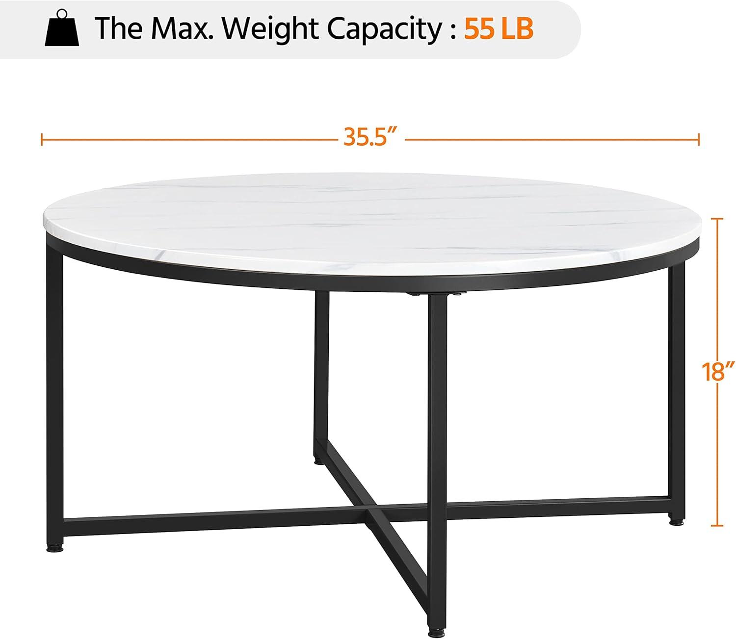 Yaheetech Faux Marble Coffee Table, Modern Round Accent Table with X-Base & Metal Frame, 35.5in Center Tables for Living Room & Dining Room, White and Black