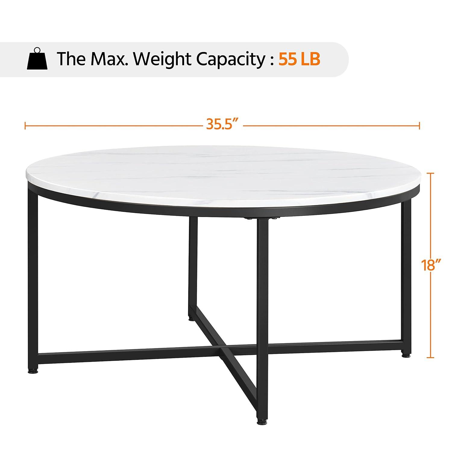 Yaheetech Faux Marble Coffee Table, Modern Round Accent Table with X-Base & Metal Frame, 35.5in Center Tables for Living Room & Dining Room, White and Black