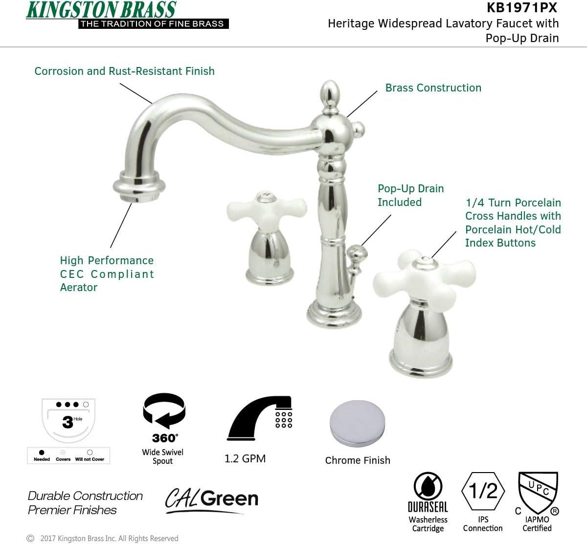 Kingston Brass Heritage Two-Handle 3-Hole Deck Mount Widespread Bathroom Faucet with Pop-Up Drain