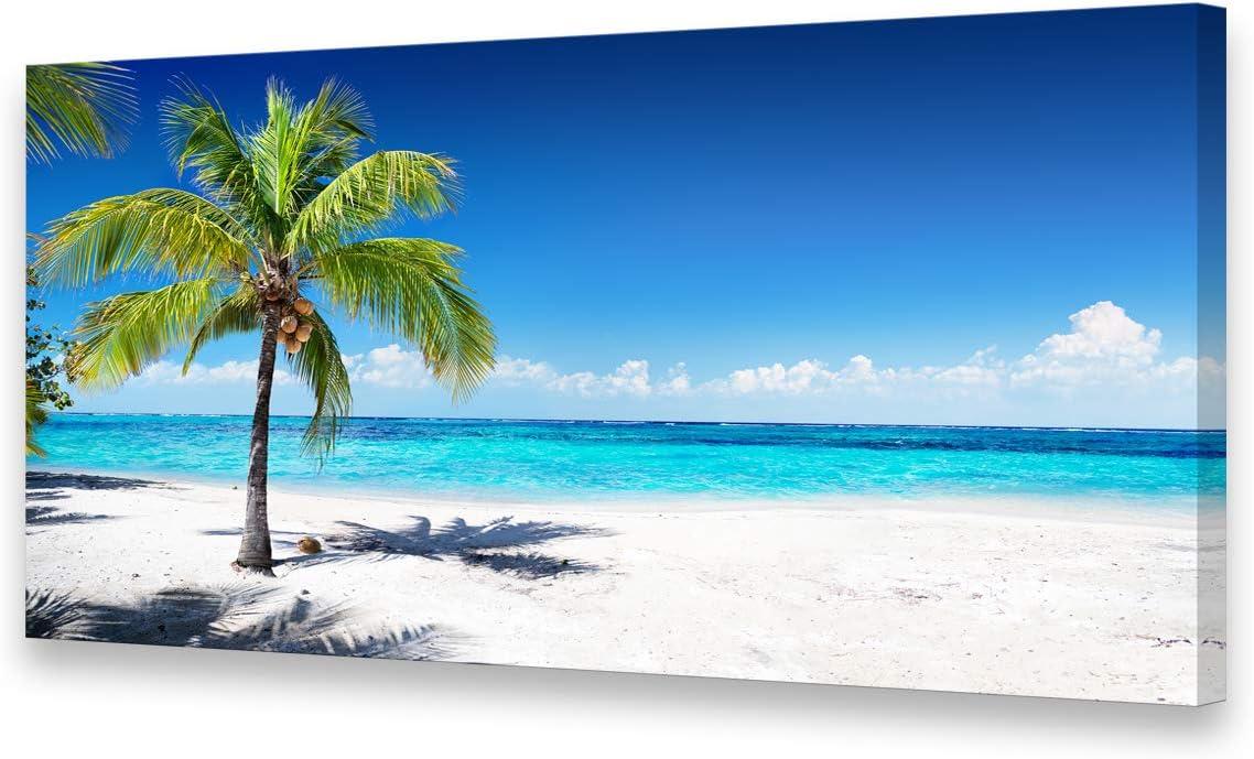 Large Blue Ocean Landscape Canvas Print with Palm Tree