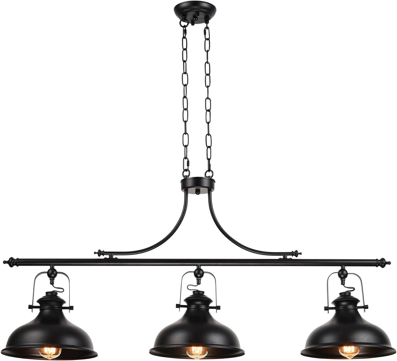 GZBtech Vintage 3-Light Pendant Lighting Fixture, 59.06'' H Adjustable Rustic Hanging Billiard Light Over The Pool Table, Industrial Black Metal Chandelier for Dinning Room Kitchen Island