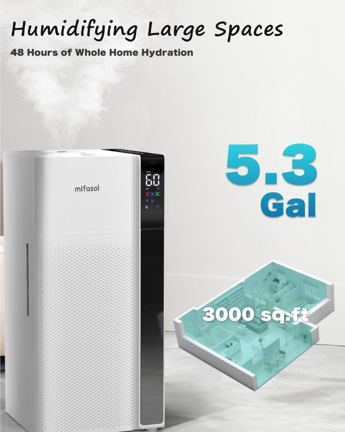 Warm and Cool Mist Humidifier Large Room, 5.3Gal/20L Whole House Humidifiers for Home, Quickly & Evenly Humidify Larger Areas, Top Fill, White