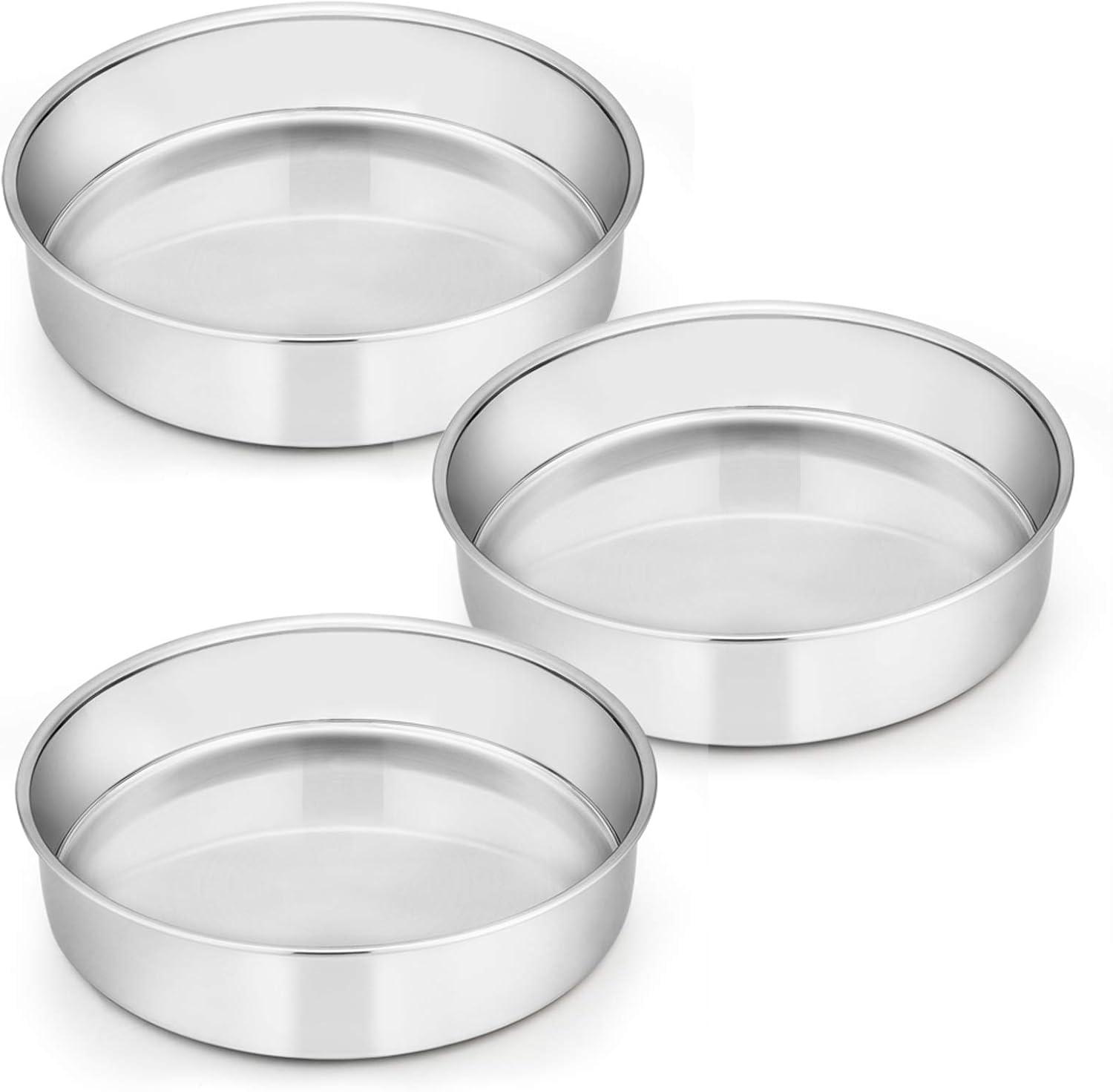 8 inch Cake Pan Set of 3, VeSteel Stainless Steel Round Layer Cake Baking Pans, Non-Toxic & Healthy, Mirror Finish & Dishwasher Safe