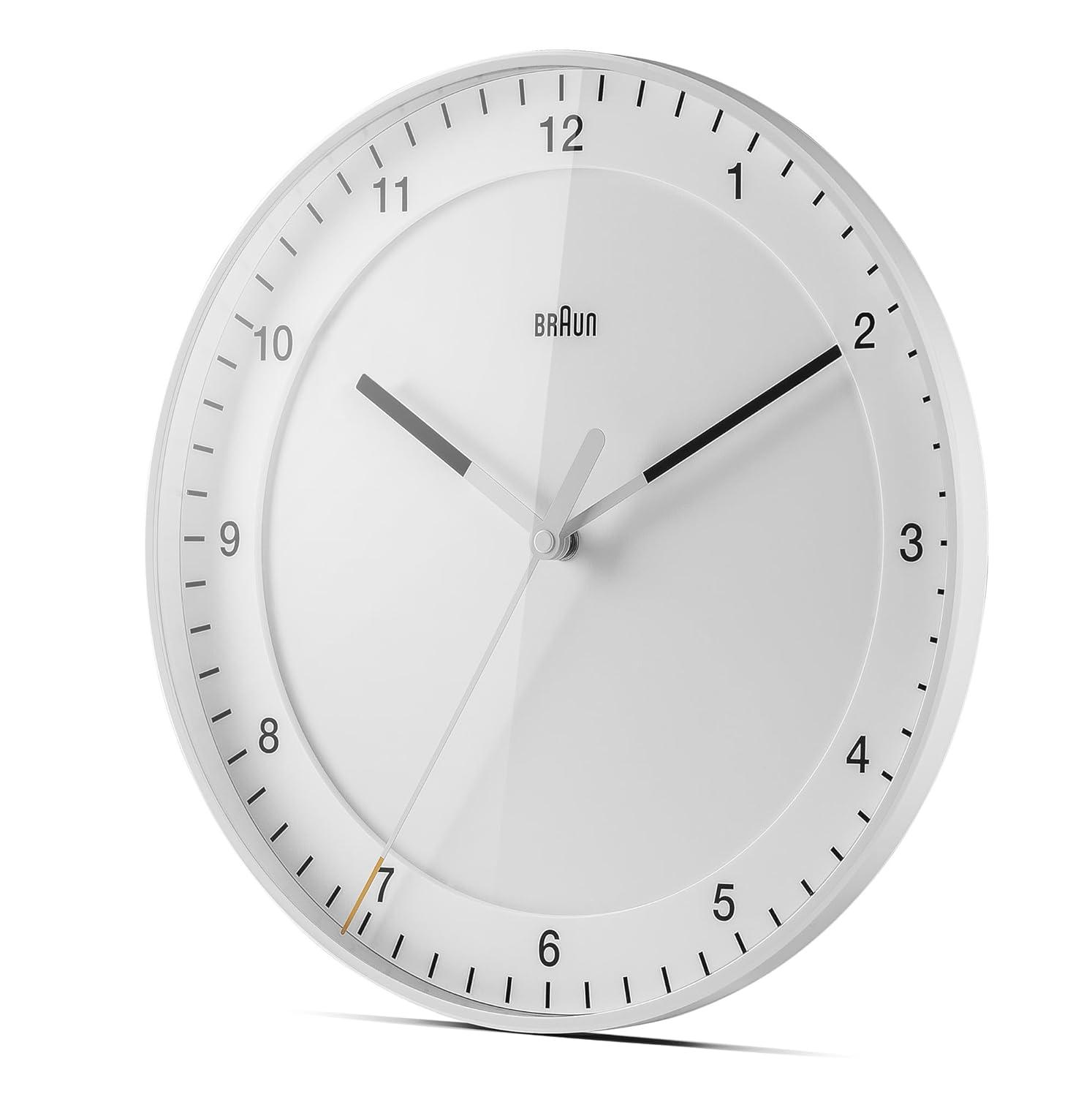 Braun Classic Large Analogue Wall Clock with Silent Sweep Movement, Easy to Read, 30cm Diameter in White, Model BC17W.