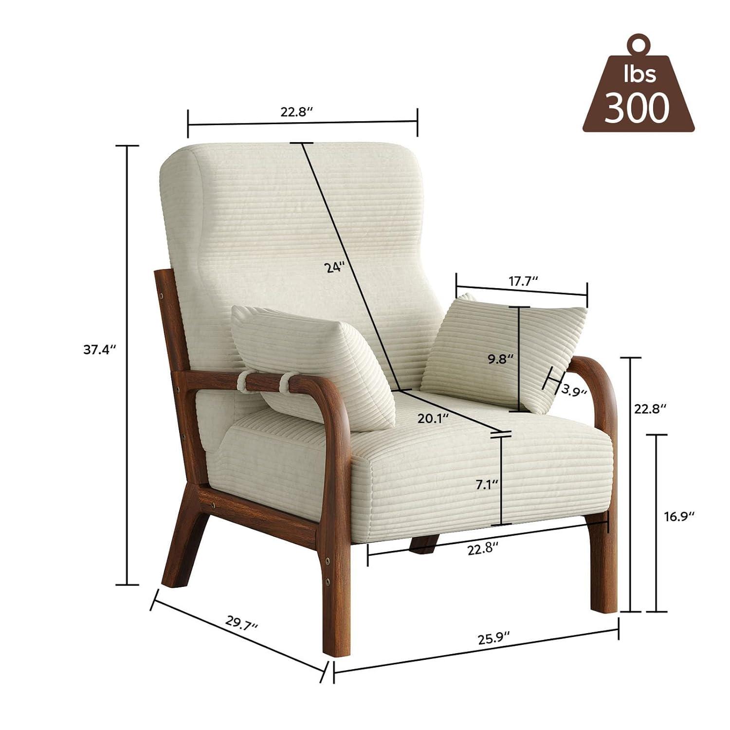 Bestier Mid Century Accent Chair Heightened Headrest with Removable Armrest Pillows,with Solid Wood Frame for Living Room, Bedroom, White