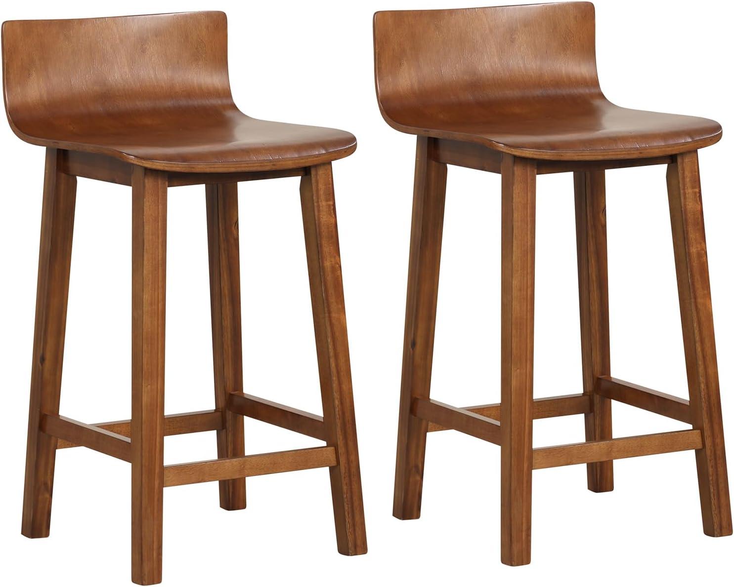 Topcobe Wood Bar Stools Set of 2 with Solid Back and Seat, Bar Stools for Kitchen Counter Pub Bistro Dining, Brown