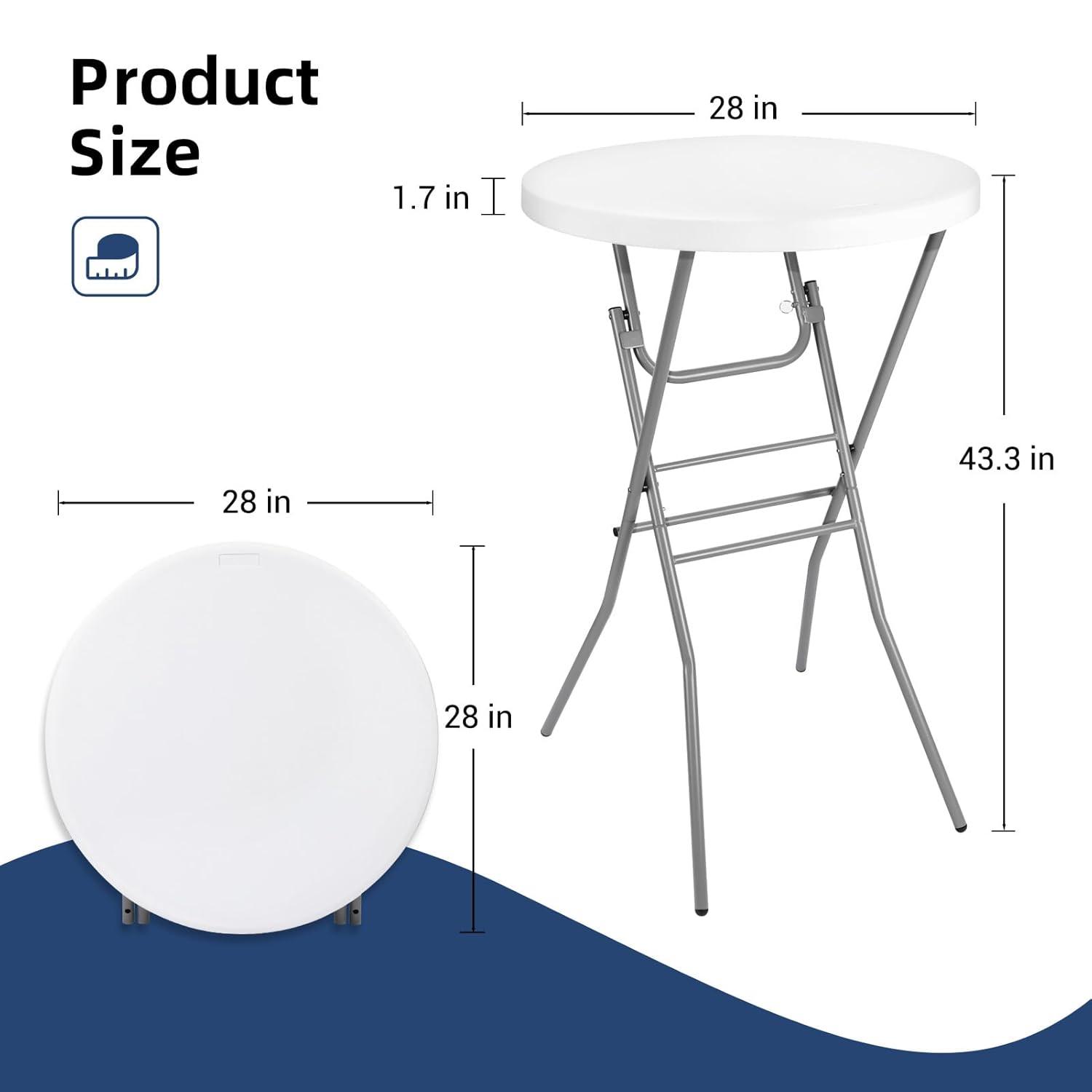 28in Cocktail Table White High Top Folding, Round Portable Bar Height Folding Table with Removable Legs, Indoor Outdoor Banquet for Parties, Commercial, Speech, School