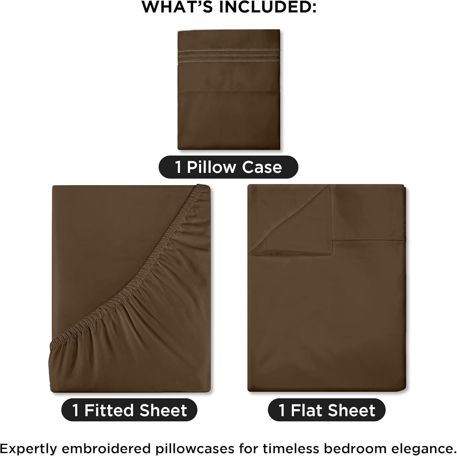 ROYALE LINENS - 3 Piece Twin Bed Sheet - Soft Brushed Microfiber 1800 Bedding Set - 1 Fitted Sheet, 1 Flat Sheet, 1 Pillowcase -Wrinkle & Fade Resistant Luxury Sheet Set (Chocolate Brown, Twin)