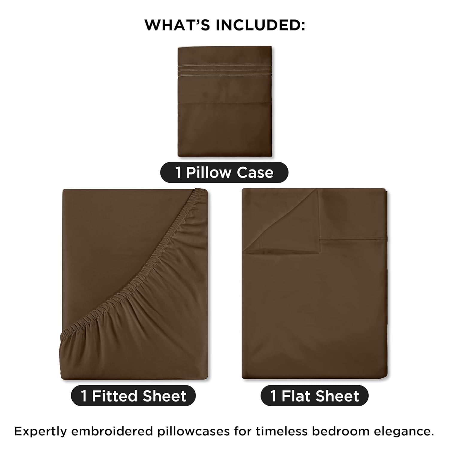 ROYALE LINENS - 3 Piece Twin Bed Sheet - Soft Brushed Microfiber 1800 Bedding Set - 1 Fitted Sheet, 1 Flat Sheet, 1 Pillowcase -Wrinkle & Fade Resistant Luxury Sheet Set (Chocolate Brown, Twin)