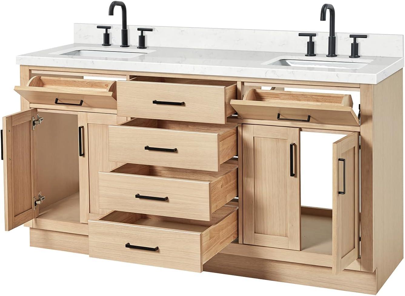 Tidworth 66'' Solid Wood Double Bathroom Vanity with 1.5'' Carrara Quartz Top, Rectangular Sinks