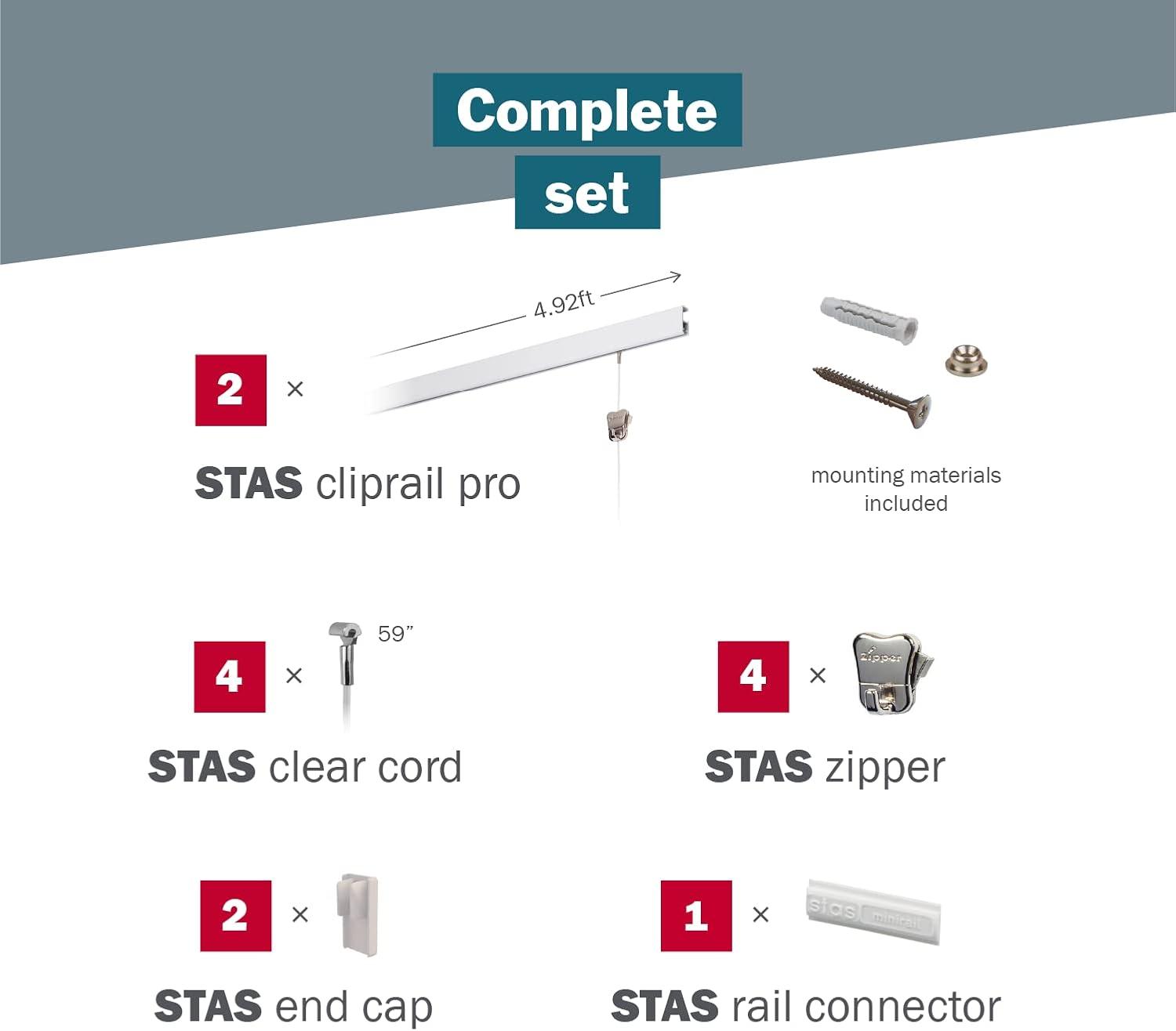 STAS Cliprail Pro Picture Hanging System Set - Covers 9.84 ft of Wall Space - Heavy Duty Picture Rail & Art Hanging Gallery Kit Without Nails - Home or Museum Matte Silver Rails, 4 Hooks & Cords