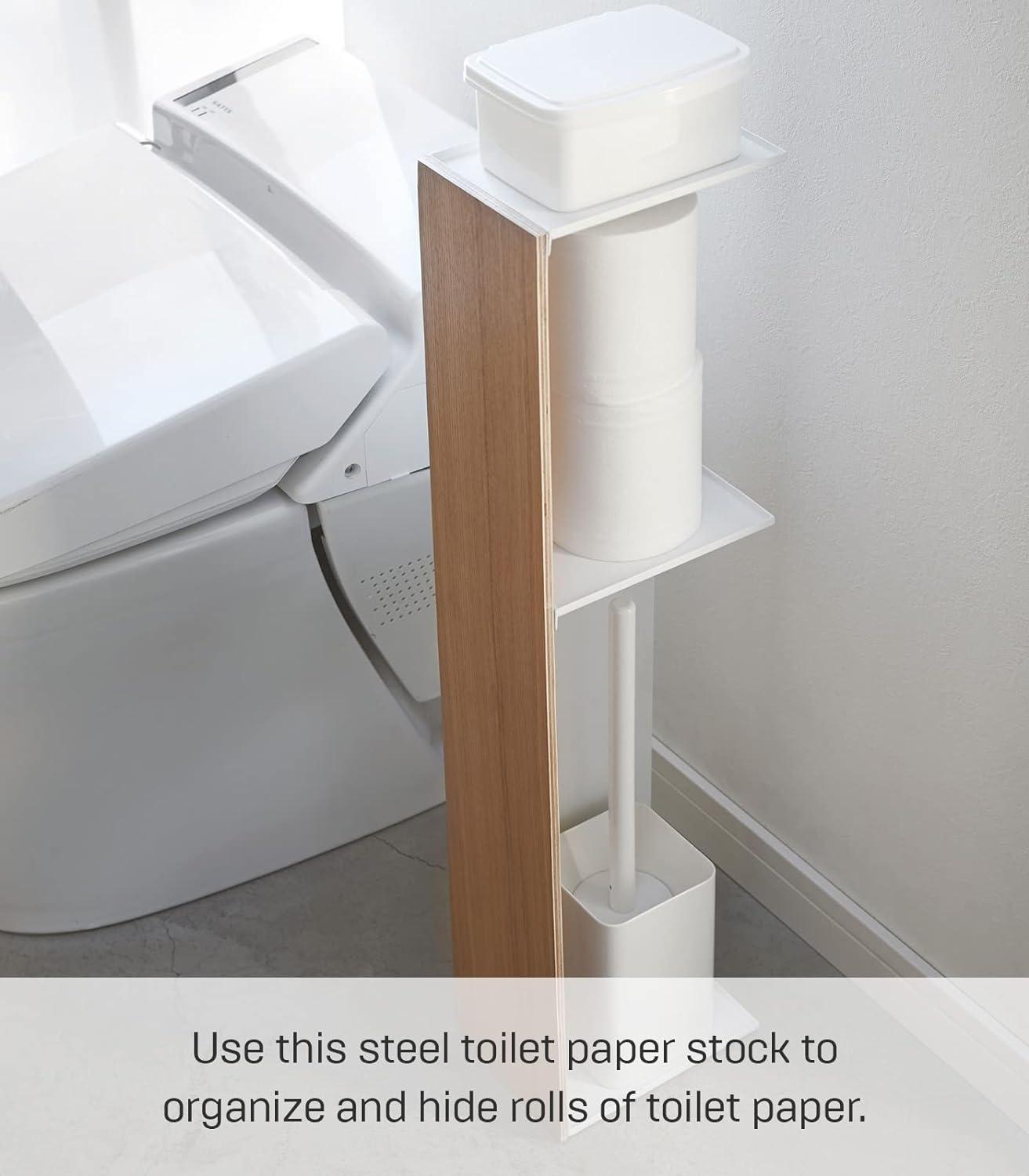 Natural Brown Wooden Toilet Paper Holder with Shelf